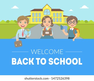 Welcome Back to School Banner Template, Cute Kids in Uniform Standing in Front of School Building Vector Illustration