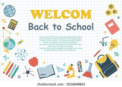 Bienvenido de vuelta a la escuela. Plantilla de cartel con material escolar y lugar para texto en un fondo a cuadros. Concepto educativo. Ilustración vectorial.