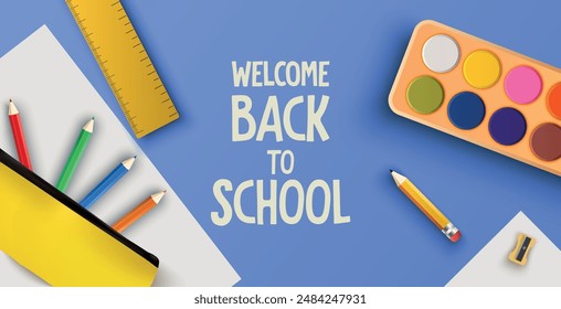 Welcome Back To School banner template with painting supplies, crayons, watercolor, paper, ruler and sharpener on blue background. Vector illustration for poster, flyer, brochure, school greeting card