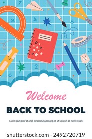 Welcome Back to school banner template. Vector poster with cute school supplies, stationery.  Perfect for flyers, cards, social media, web ads, print, sale 