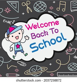 Willkommen zurück zu Schulbannertext-Design auf buntem, doodle Hintergrund-schwarzer Tafel mit jugendschwingendem Hintergrund