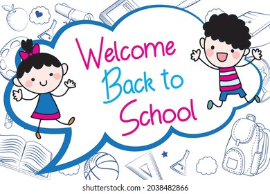 Welcome back to school banner text design written on white doodle background with kid waving vector illustration eps10