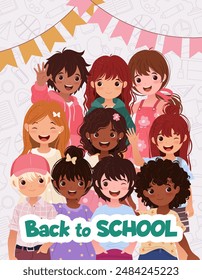 Bienvenidos de vuelta al Anuncio escolar. Plantilla de Vertical con un grupo de niños pequeños y niñas para Diseños educativos, promociones, tarjetas de felicitación, eventos. Ilustración vectorial con niños de dibujos animados lindos.