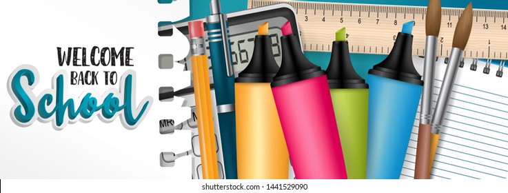 Welcome back to school banner or website header with torn out sheet of paper and realistic study stationery supplies - highlighters, pencil with erasor, pen, ruler, copybook. Vector illustration. 