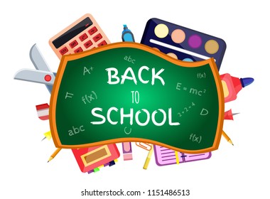 Welcome back to school banner,poster with colorful school supplies,education tools,bag,book. Flat cartoon vector illustration. Isolated on white background. First day in school. School stationery.