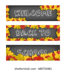 Welcome back to school banners with autumn leaves for advertising and sales. Three banners for one composition. Isolated on white background. Vector illustration.