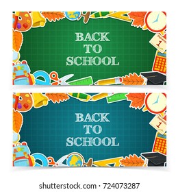 Welcome back to school banners. Cartoon styled school supplies. Vector frame composition.