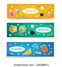 Welcome back to school banners. Cartoon styled school supplies. Vector frame composition.