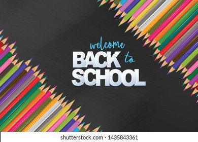 Welcome back to school black chalkboard background with a pile of colorful pencils. Realistic vector illustration.