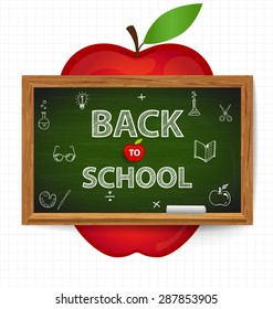Welcome back to school with blackboard and apple, vector illustration.