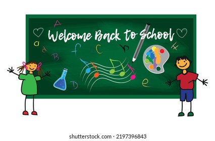 Welcome Back To School Blackboard Background Design. Paint Palette, Chemistry Bottle, Musical Notation, Alphabet, Pen Vector On The Board. Boy And Girl In The Classroom. Education Set.