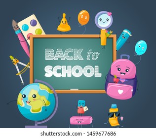Welcome back to school blackboard with character funny smile school items and elements. Text back to school by colorful chalk in blackboard sale discount banner vector illustration