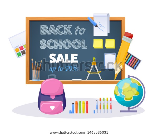 Welcome back to school\
blackboard with character pencil, globe, backpack, dividers. Text\
back to school by chalk in blackboard sale discount banner vector\
illustration