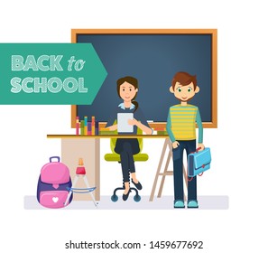 Welcome back to school blackboard with items and elements. Teacher at the table and student with a school bag in the classroom. Class for education, board, table, study, blackboard vector illustration