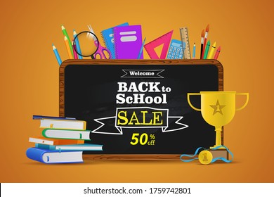 welcome back to school with blackboard and items. ready to study.