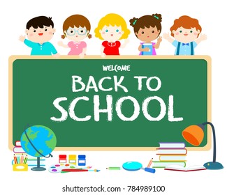 Welcome back to school blackboard vector illustration.
Cute multiracial children joyful behind blackboard with school supplies.
Template for advertising poster.
