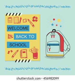 Welcome Back To School blue and yellow message with hand drawn school bag and stationery icons