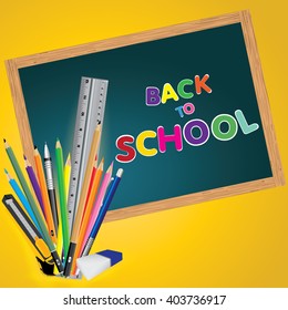 Welcome back to school. Board with object tool for school. Vector illustration.
