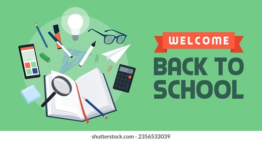 Welcome back to school: book and assorted school supplies, learning and education concept, banner with copy space