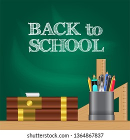 welcome back to school with book, chalk, stationary, pencil case, ruler on the table with green chalkboard background. poster, banner, flyer, greeting card. Vector illustration