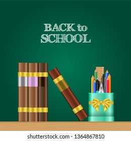 welcome back to school with book with stationary with pencil case on the table with green chalkboard background banner poster template
