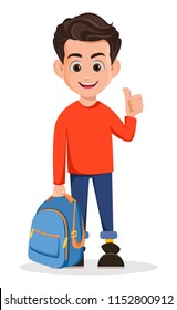 Welcome Back to School. Boy is ready for school, cartoon character showing thumb up gesture. Vector illustration