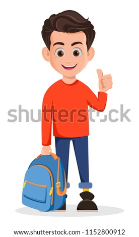 Welcome Back to School. Boy is ready for school, cartoon character showing thumb up gesture. Vector illustration