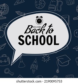 Welcome Back to school bubble poster, pencils, clock alarm clock, retro. Background template