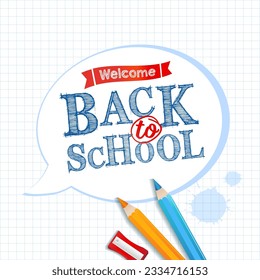 Bienvenido de vuelta a la escuela, pegatina de burbujas en papel en una celda. Plantilla para la escuela con texto dibujado en forma de doodle con asignaturas escolares. Ilustración del vector