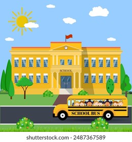 Welcome back to school. School building, bus and front yard with students children. Vector illustration in flat style