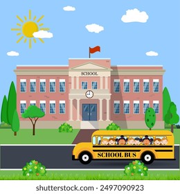 Welcome back to school. School building, bus and front yard with students children. Vector illustration in flat style