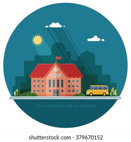 Welcome back to school. Building and bus on the background of the city. Flat style vector illustration.