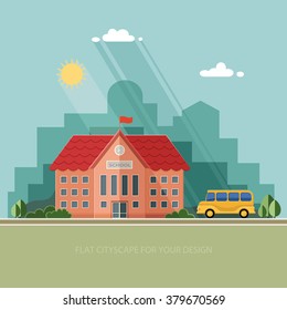 Welcome back to school. Building and bus on the background of the city. Flat style vector illustration.