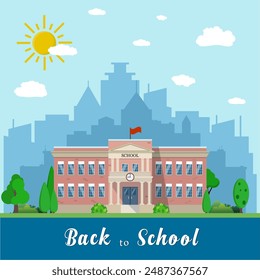 Welcome back to school. School building, front yard with students children with city landscape. Vector illustration in flat style