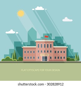 Welcome back to school. Building on the background of the city. Flat style vector illustration.