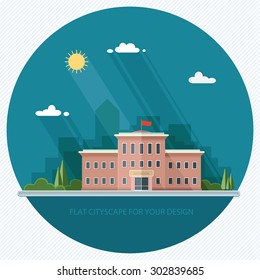 Welcome back to school. Building on the background of the city. Flat style vector illustration.