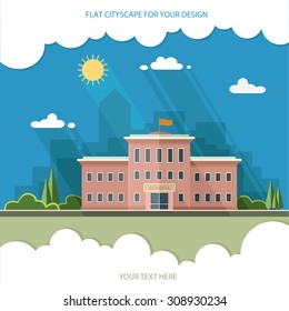 Welcome back to school. Building on the background of the city. Flat style vector illustration.