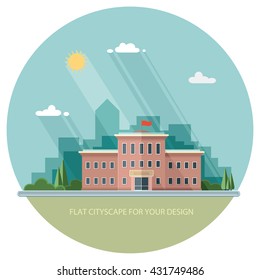 Welcome back to school. Building on the background of the city. Flat style vector illustration.