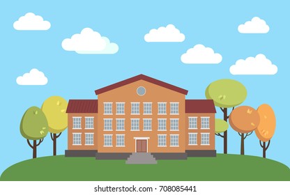 Welcome back to school. Building on the background. Flat style vector illustration. School and education. Buildings for city construction. village and town landscape. banner template