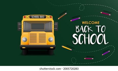Willkommen zurück zur Schule mit Schulbus und Bleistift Dekoration Vektorgrafik.
