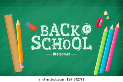 Welcome back to school. Calligraphic chalk text on a school texture board. First september banner. Vector illustration