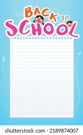 Welcome Back to school calligraphy title sticker style over blue sky background, vector illustration