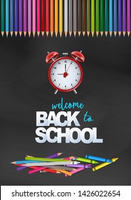 Welcome back to school card with black and white background, bright coloful pencils, and red alarm black. Vector illustration.