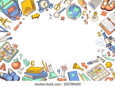 Welcome back to school card. Doodle pen drawn background. Vector illustration.