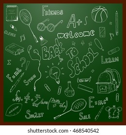 Welcome back to school card. Doodle pen drawn background. Vector illustration
