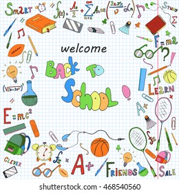 Welcome back to school card. Doodle pen drawn background. Vector illustration