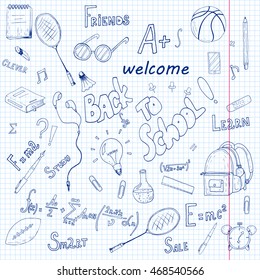 Welcome back to school card. Doodle pen drawn background. Vector illustration