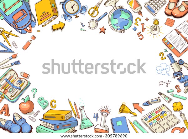 Welcome back to school card. Doodle pen\
drawn background. Vector\
illustration.