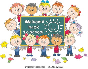 Welcome back to school card with funny little schoolboys and schoolgirls around a class blackboard on the first of September, vector cartoon illustration on white