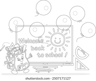 Welcome back to school card with a funny cartoonish schoolbag and a blackboard with balloons and congratulations for schoolchildren on the first day of a school year, vector cartoon